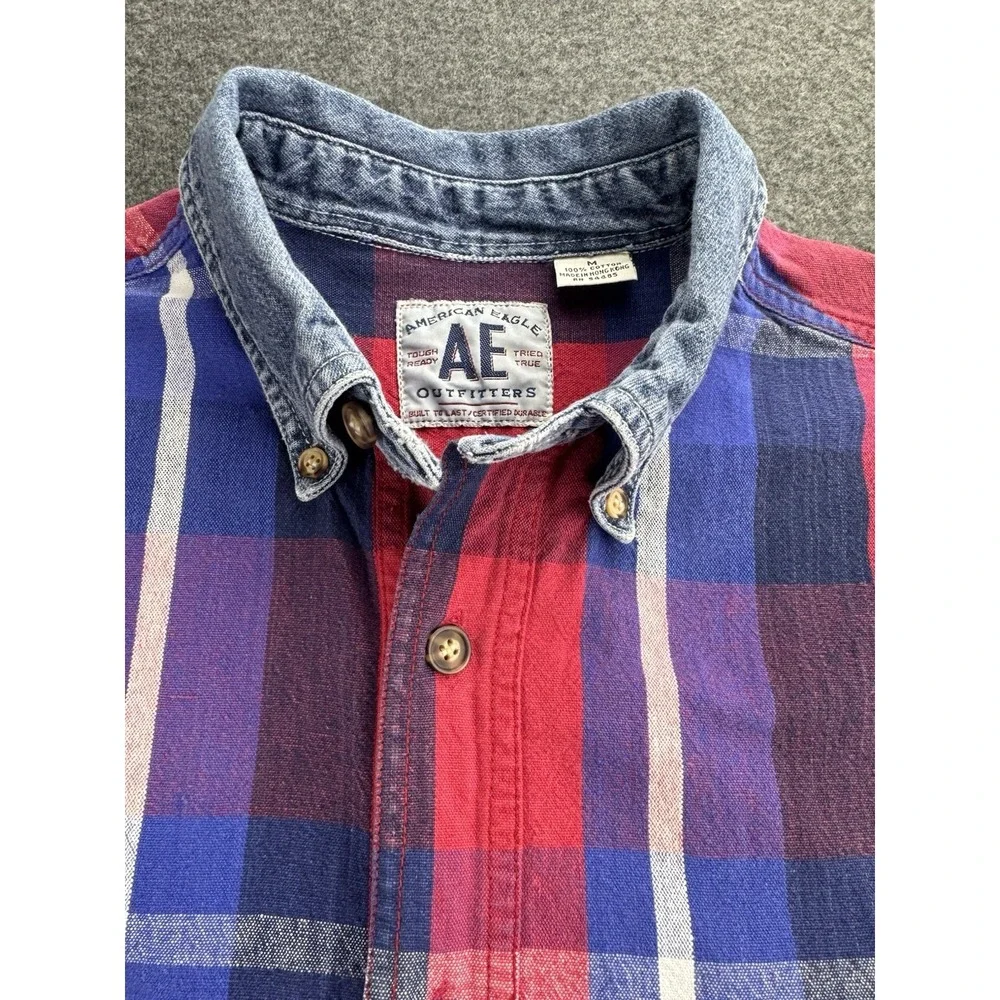VTG 90s American‎ Eagle Men's Sz M Denim Button-Up Shirt Plaid Cotton Grunge Y2K